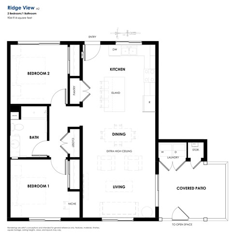 Floor plan for 2 beds, 1 bath, 904 sqft